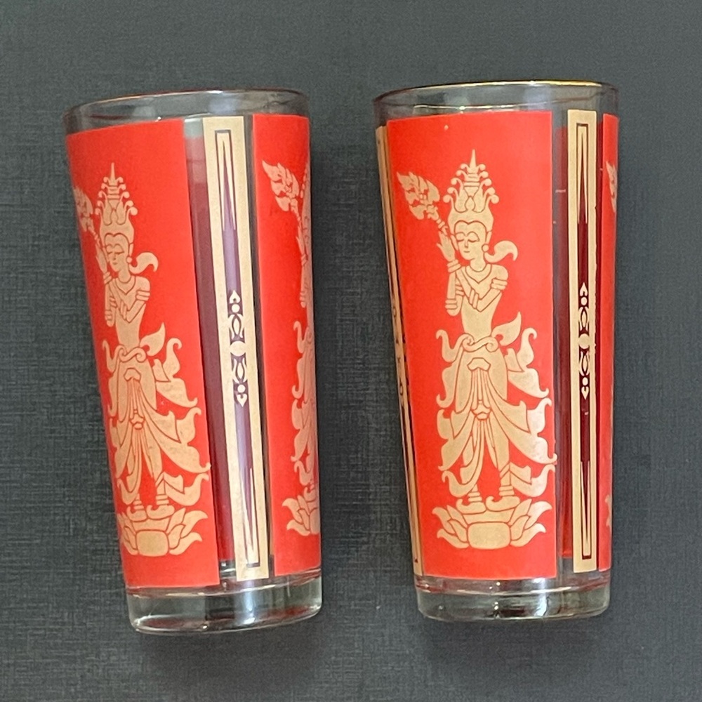 Vintage Thai Princess Hollywood Regency Printed Gold Rim High Ball Glasses Retro
